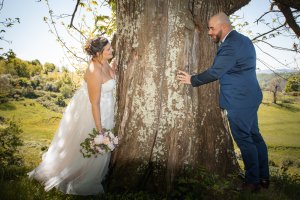 Les mariés se cherchant autour de l'arbre
